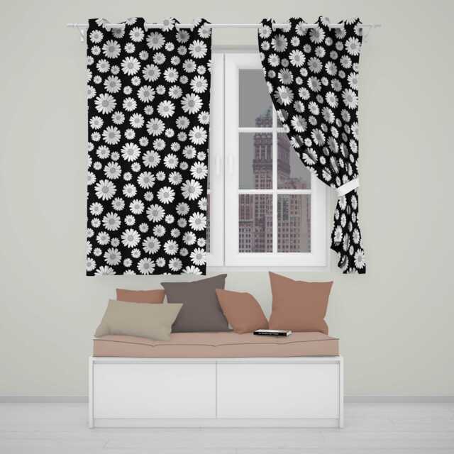 Black White Daisy Floral Seamless Bold Pattern Readymade Eyelet Ring Top Thermal 100% Blackout Curtains - image 1