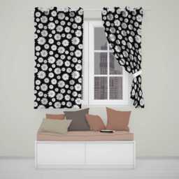 Black White Daisy Floral Seamless Bold Pattern Readymade Eyelet Ring Top Thermal 100% Blackout Curtains