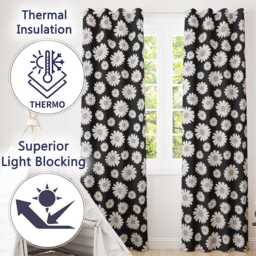 Black White Daisy Floral Seamless Bold Pattern Readymade Eyelet Ring Top Thermal 100% Blackout Curtains - thumbnail 3