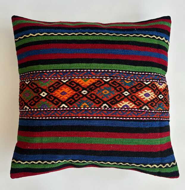 Kilim Cushion Cover, Handmade Multicolour Turkish Cushion, Pillow, Large Square Navajo 24''x24''/60x59 cm - image 1