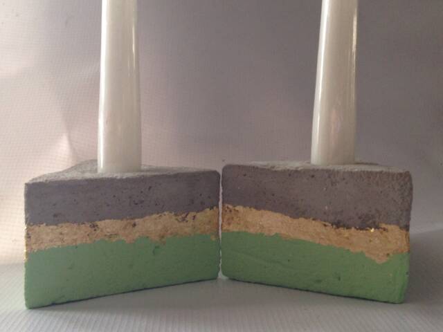 2 Triangular Concrete Candle Holders, Gilded Cement Contemporary Minimalist Industrial Decor - image 1