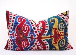 Handloom Silk Velvet Ikat Pillow Cover, Colorful Accent Cushion - thumbnail 1