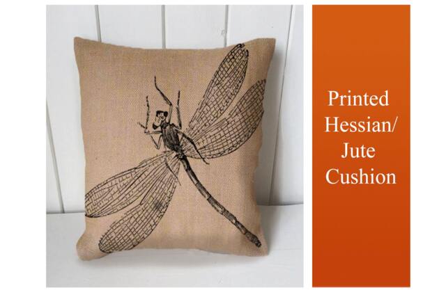 Dragonfly Insect Vintage - Cushion Fabric Panel Or Case Or With Filling Rustic Natural Jute Burlap Hessian