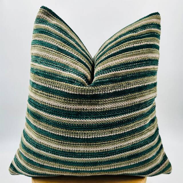 striped Green Pillow Cover, Textured Woven Cotton Wool Blend, Summer Decor - image 1