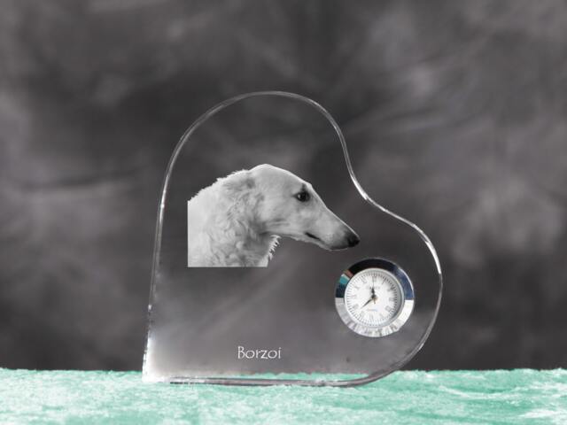 Borzoi, Russian Wolfhound - Crystal Clock in The Shape Of A Heart With Image Pure-Bred Dog - image 1