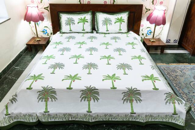 Palm Trees - Jaipuri Hand Block Printed Cotton Bed Cover With Two Pillow Cases, Flat Sheet, King Size, Floral, Ethically Made, Handcrafted - image 1