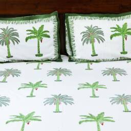 Palm Trees - Jaipuri Hand Block Printed Cotton Bed Cover With Two Pillow Cases, Flat Sheet, King Size, Floral, Ethically Made, Handcrafted - thumbnail 3