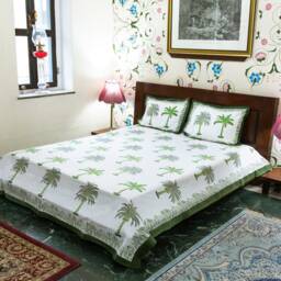 Palm Trees - Jaipuri Hand Block Printed Cotton Bed Cover With Two Pillow Cases, Flat Sheet, King Size, Floral, Ethically Made, Handcrafted - thumbnail 2