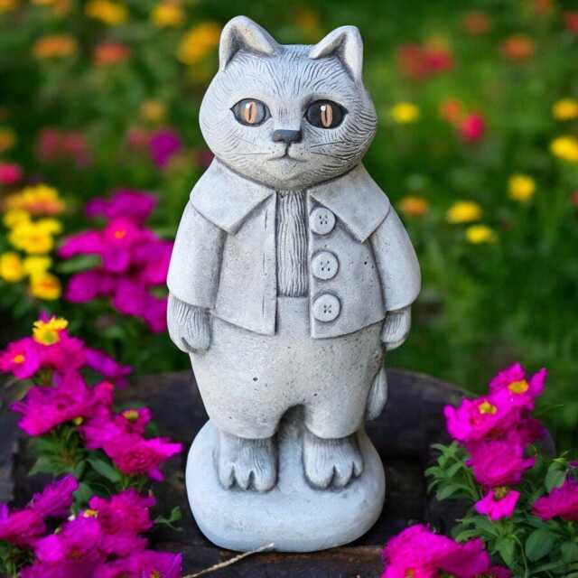 Concrete Cat Statue Standing On Hind Legs, Dressed in Costume, Funny Garden Ornament, Outdoor Decor, Animal Lover Gift, Unique Figurine - image 1