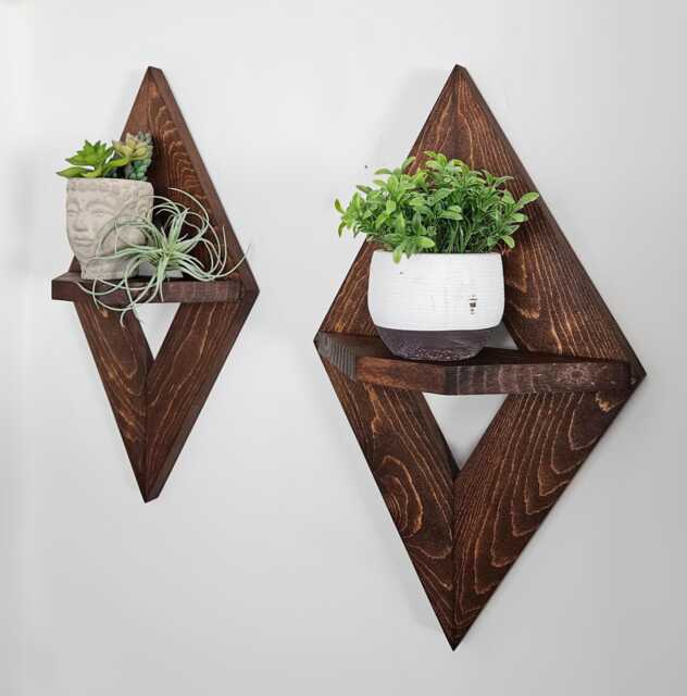 Handmade Geometric Diamond Wall Shelves, Wooden Floating Decor - Set Of 2 - image 1