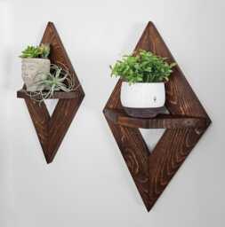 Handmade Geometric Diamond Wall Shelves, Wooden Floating Decor - Set Of 2 - thumbnail 1