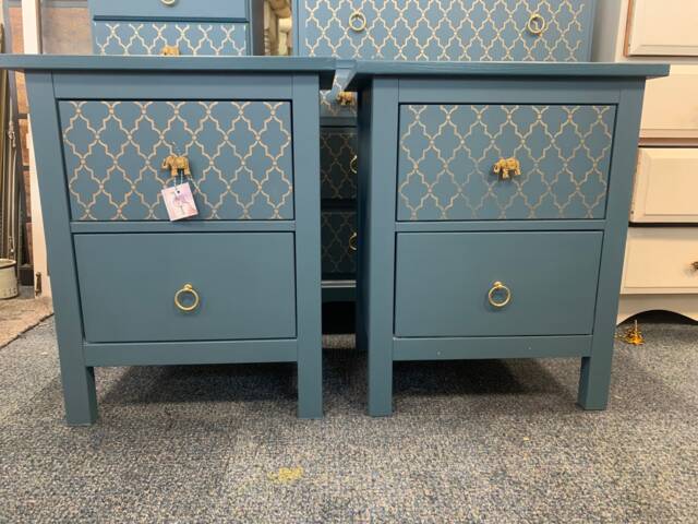 Pair Of Bedside Tables Painted Bespoke Moroccan Geometric Art Deco Gold Leaf Bee Elephant Handles Stencilled - image 1