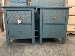 Pair Of Bedside Tables Painted Bespoke Moroccan Geometric Art Deco Gold Leaf Bee Elephant Handles Stencilled - thumbnail 1
