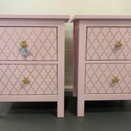 Pair Of Bedside Tables Painted Bespoke Moroccan Geometric Art Deco Gold Leaf Bee Elephant Handles Stencilled - thumbnail 3