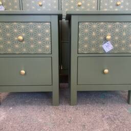 Pair Of Bedside Tables Painted Bespoke Moroccan Geometric Art Deco Gold Leaf Bee Elephant Handles Stencilled - thumbnail 2