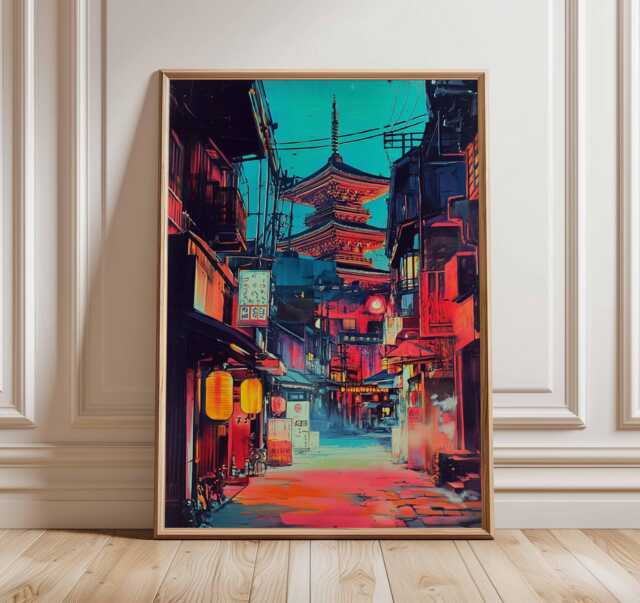Kyoto Japan Street Poster Neon Cityscape Art Print With Pagoda Night Scene Asian Wall Decor Travel Illustration - image 1