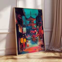 Kyoto Japan Street Poster Neon Cityscape Art Print With Pagoda Night Scene Asian Wall Decor Travel Illustration - thumbnail 4