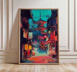 Kyoto Japan Street Poster Neon Cityscape Art Print With Pagoda Night Scene Asian Wall Decor Travel Illustration