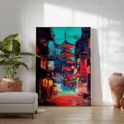 Kyoto Japan Street Poster Neon Cityscape Art Print With Pagoda Night Scene Asian Wall Decor Travel Illustration - thumbnail 3