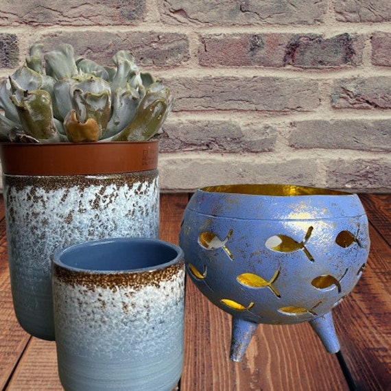 Recycled Coconut Shell Candle Holders. Cut Out Decoration & Painted. Blue Gold Design. T-Light Holder - image 1