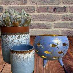 Recycled Coconut Shell Candle Holders. Cut Out Decoration & Painted. Blue Gold Design. T-Light Holder