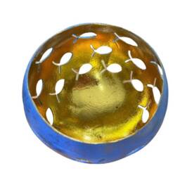 Recycled Coconut Shell Candle Holders. Cut Out Decoration & Painted. Blue Gold Design. T-Light Holder - thumbnail 2