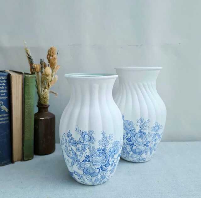 Blue Burleigh Design Glass Vase, Floral Home Decor Gift, Hand Decorated - image 1