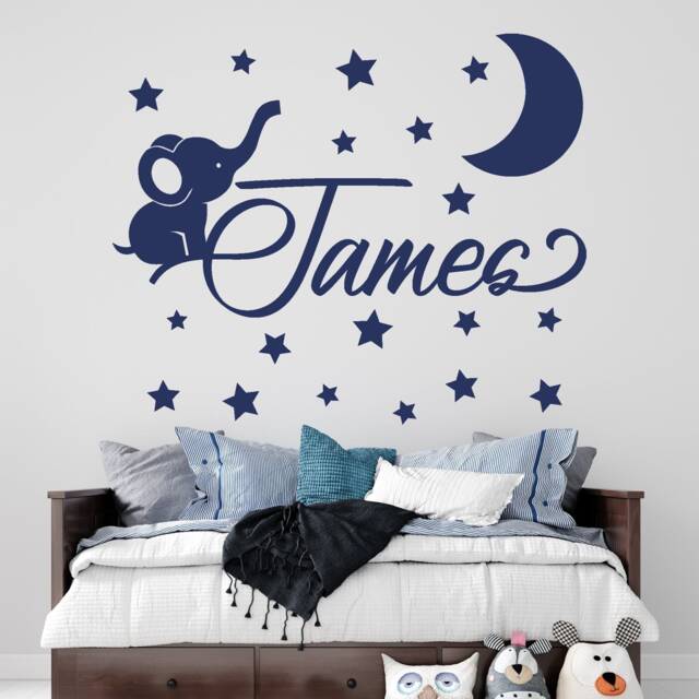 Personalized Baby Elephant Wall Decal Kids With Moon & Stars Nursery Decor - image 1
