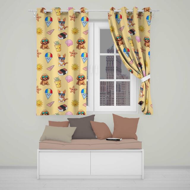 Cute Summer Dog Yellow Background Ice Cream Starfish Seamless Pattern Readymade Eyelet Ring Top Thermal 100% Blackout Curtains - image 1