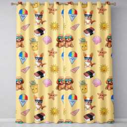Cute Summer Dog Yellow Background Ice Cream Starfish Seamless Pattern Readymade Eyelet Ring Top Thermal 100% Blackout Curtains - thumbnail 2