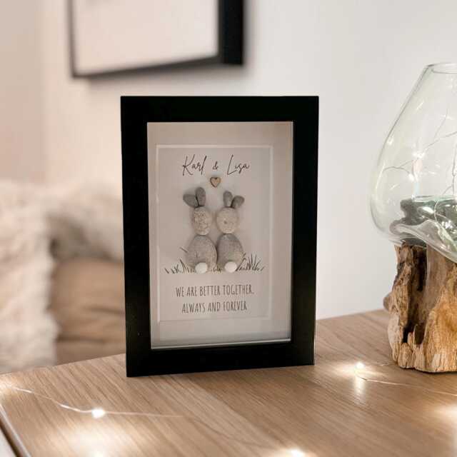 Couples Rabbit Cute Mini Desk Keepsake Pebble Art Picture Frame Gift Wife Husband Boyfriend Girlfriend Partner Fianc?? Stone 10 Years UK - image 1