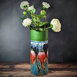 Unique Vase Hand Painted Glass Green Red Gold Modern Design Vibrant Colours Decor Thoughtful Stylish Home Gift Friend Idea - thumbnail 2