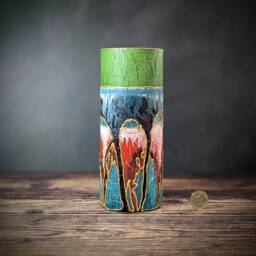 Unique Vase Hand Painted Glass Green Red Gold Modern Design Vibrant Colours Decor Thoughtful Stylish Home Gift Friend Idea - thumbnail 1