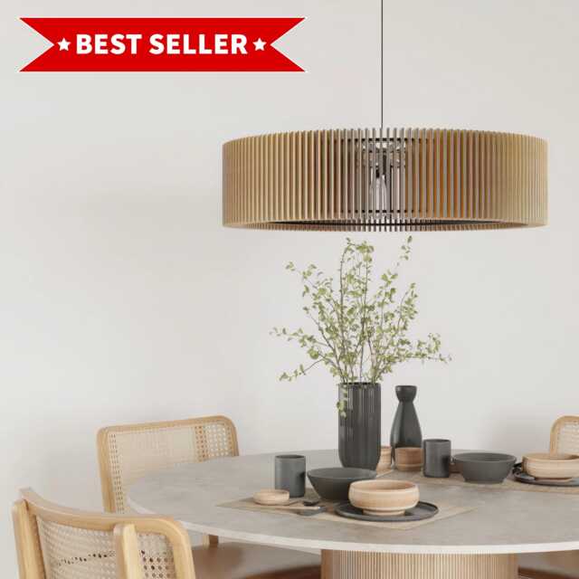 Large Wood Slat Chandelier For Dining Table - Modern Oak Pendant Light, Statement Hanging Lamp Grand Room, Mid Century Decor - image 1