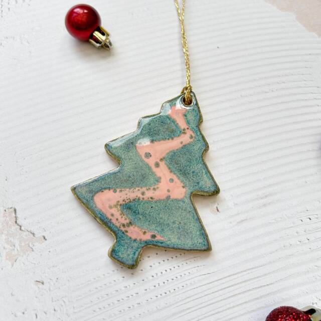 Handmade Ceramic Christmas Tree Ornament Speckled Green & Pink Glaze - image 1