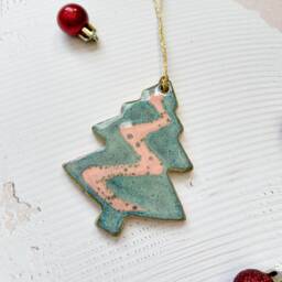 Handmade Ceramic Christmas Tree Ornament Speckled Green & Pink Glaze