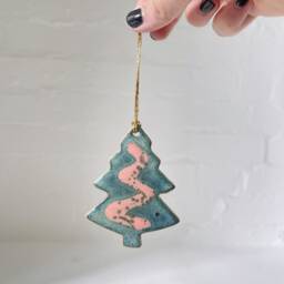 Handmade Ceramic Christmas Tree Ornament Speckled Green & Pink Glaze - thumbnail 2