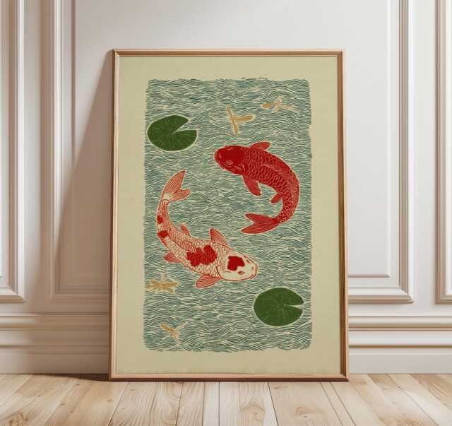 Koi Fish Wall Art, Japanese Pond Print, Red Illustration With Lilypads - image 1