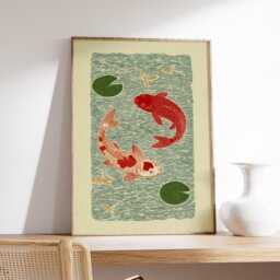 Koi Fish Wall Art, Japanese Pond Print, Red Illustration With Lilypads - thumbnail 2