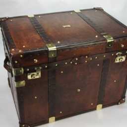 Hand-Dyed Leather Steamer Trunk Coffee Table - Vintage Travel Chest Furniture - thumbnail 3