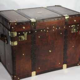 Hand-Dyed Leather Steamer Trunk Coffee Table - Vintage Travel Chest Furniture - thumbnail 1