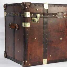Hand-Dyed Leather Steamer Trunk Coffee Table - Vintage Travel Chest Furniture - thumbnail 2