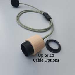 Plug in Pendant Light - Wood + Grey Hanging Fabric Cable Wall Cord & Threaded E27 Wooden Lamp Holder Reading, Ambient Mood Lighting - thumbnail 1