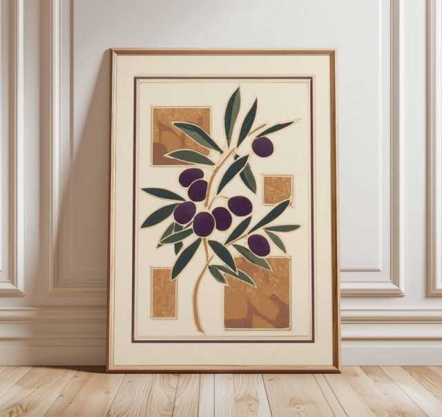 Mediterranean Olive Branch Print, Rustic Kitchen Wall Art, Tuscan Style Poster, Botanical Food Artwork, Italian Home Decor - image 1