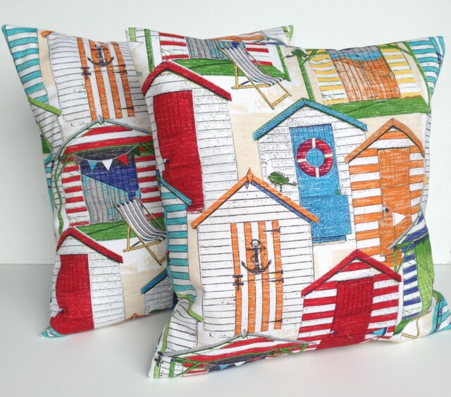 Two Indoor/Outdoor Beach Huts Print Pillow Covers, Cushion, Decorative Throw Pillow, Coral 18x18, Nautical - image 1