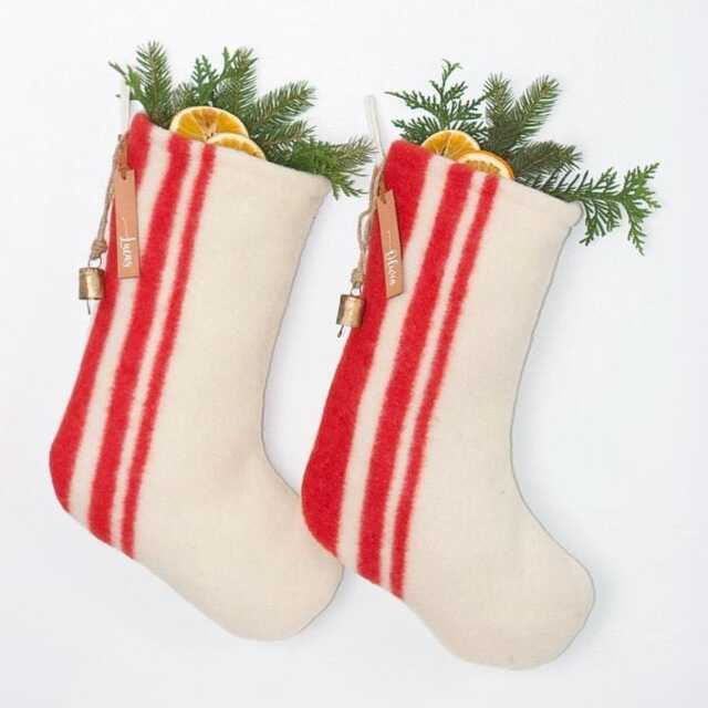 Handmade Wool Christmas Stocking - Red & White Vertical Stripes, Personalized Name Tag - image 1