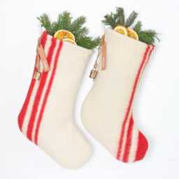 Handmade Wool Christmas Stocking - Red & White Vertical Stripes, Personalized Name Tag - thumbnail 2