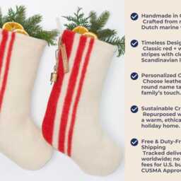 Handmade Wool Christmas Stocking - Red & White Vertical Stripes, Personalized Name Tag - thumbnail 3