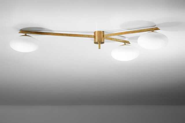 Mid Century Vintage Lelli Style Italian Brass Ceiling Light Flush Mount Lamp Pendant Low Dining Entrance Bedroom 3 Light - image 1