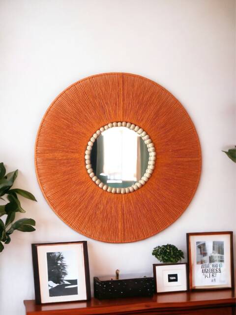 Orange Retro Mirror, Mid Century Modern, Jute Wall Hanging Bedroom Decor Gift, Halloween Decor, Living Room, Housewarming Gift - image 1